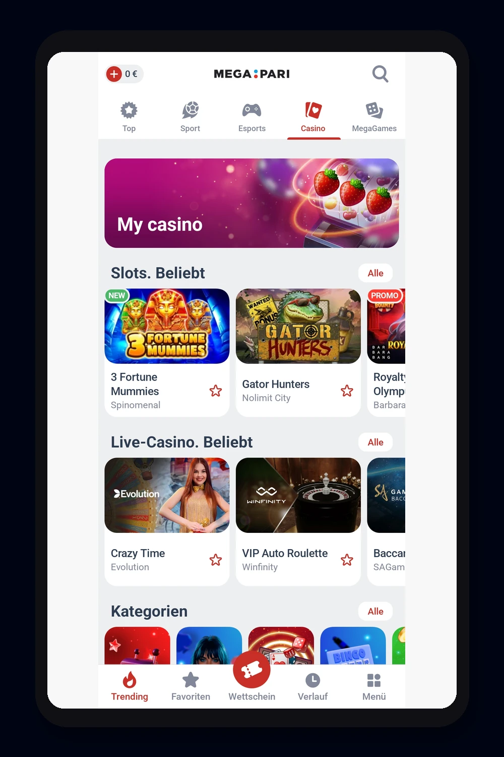 Vmesnik stavnice Megapari na mobilni napravi
